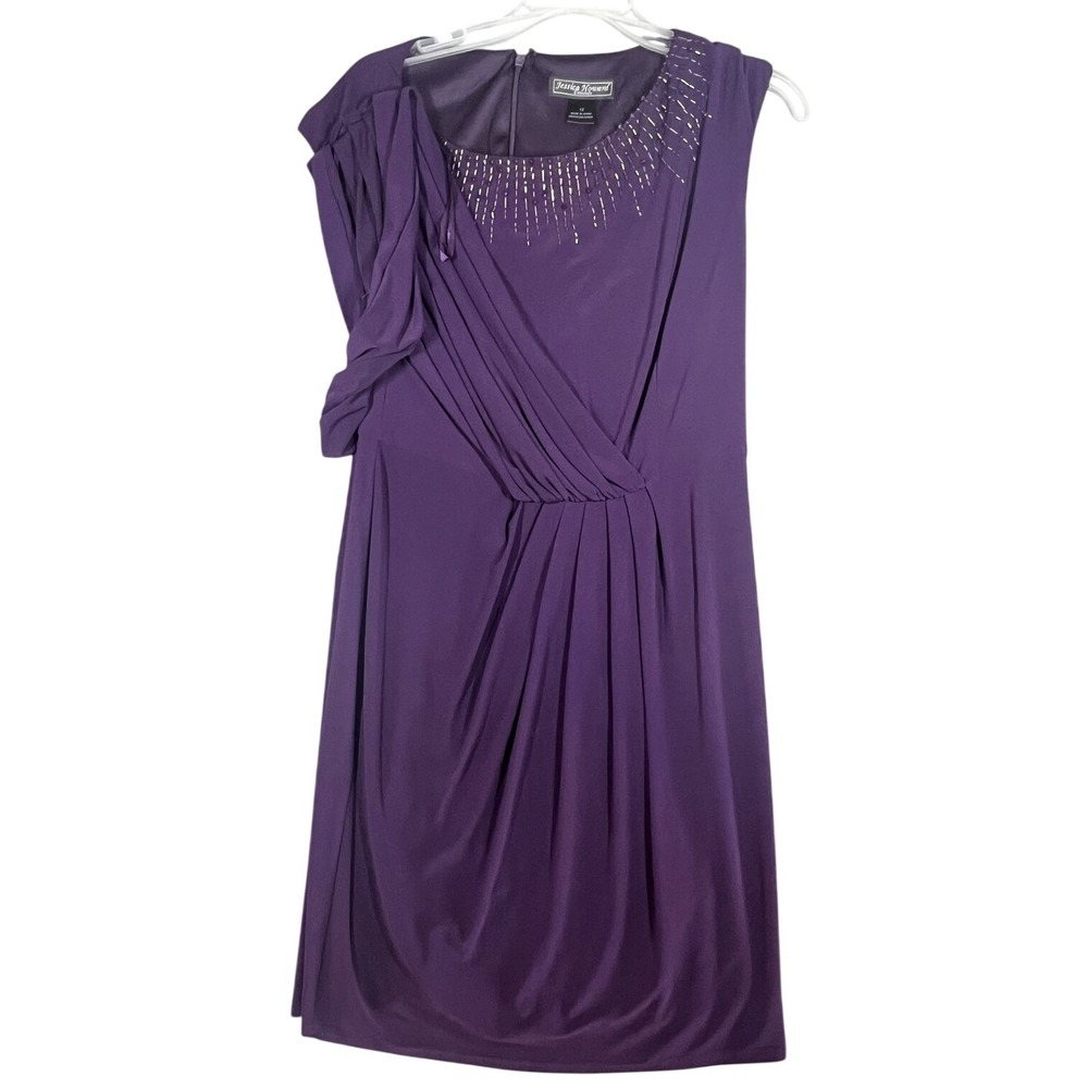 Jessica Howard Evenings Women's Purple‎ Beaded Ruched Dress Size 12 Knee Length